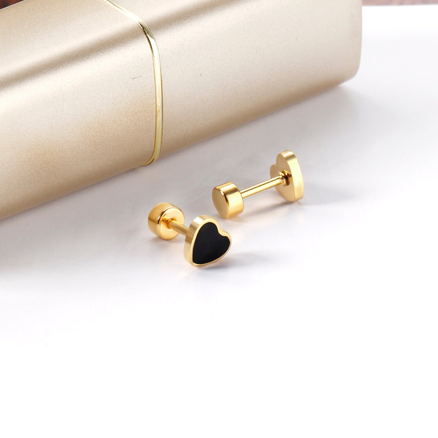 12 pairs 4mm round cake + 6mm drop black oil peach heart stud earrings steel color/gold color