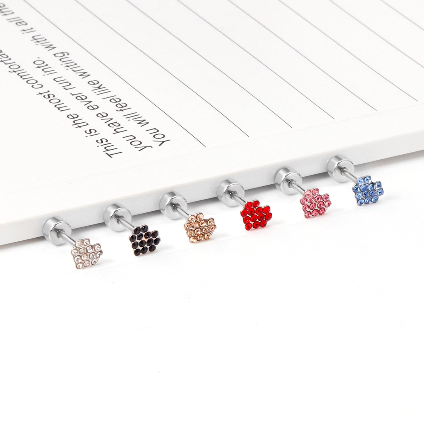 12 pairs 4mm round cake +6*5mm multi diamond peach heart mixed 6 colors earrings steel/golden