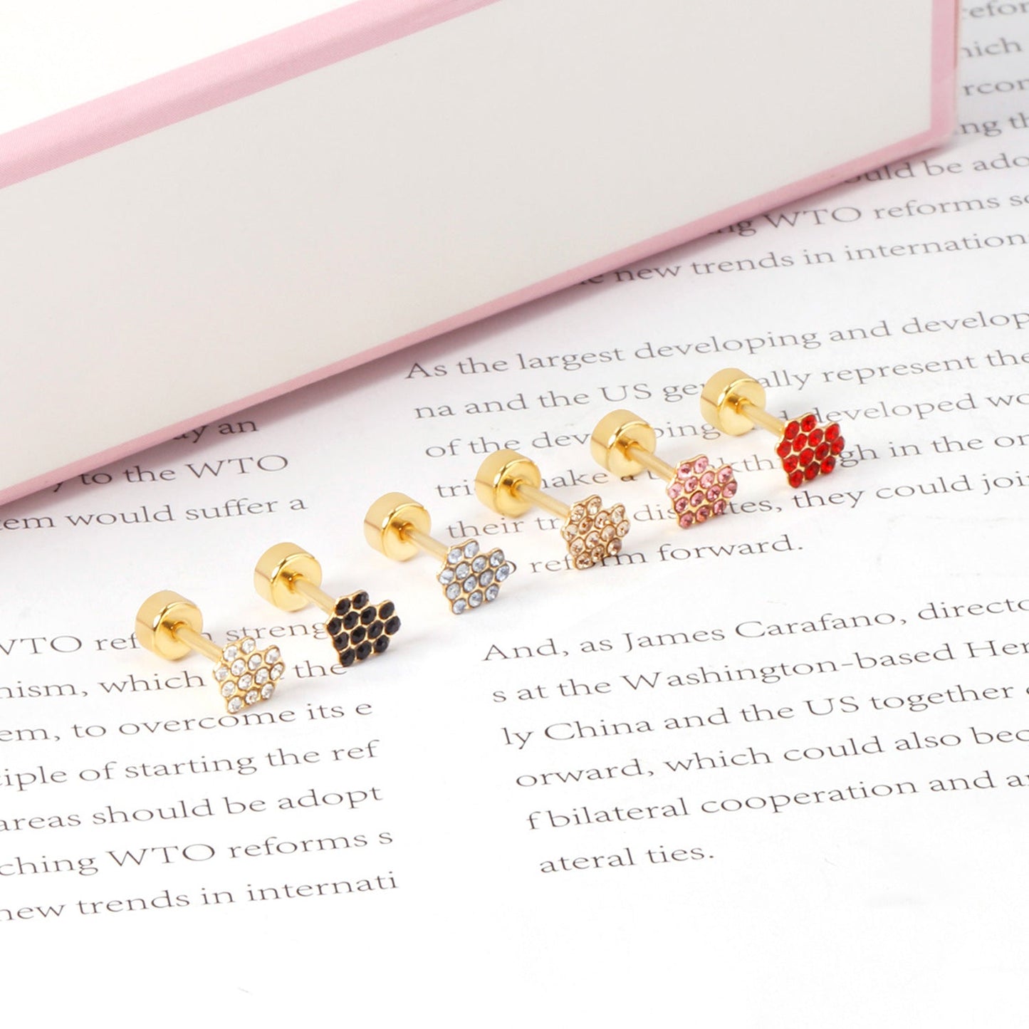 12 pairs 4mm round cake +6*5mm multi diamond peach heart mixed 6 colors earrings steel/golden
