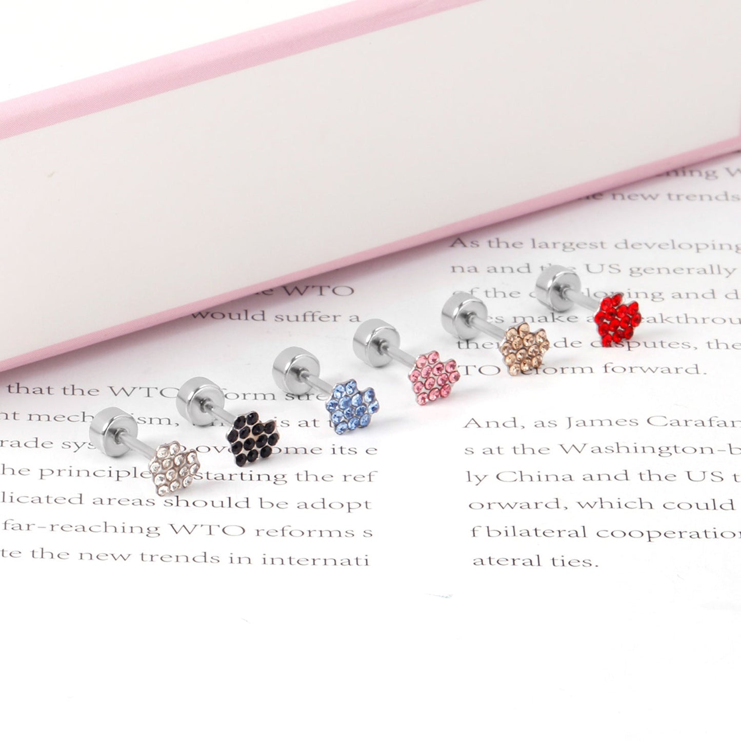 12 pairs 4mm round cake +6*5mm multi diamond peach heart mixed 6 colors earrings steel/golden