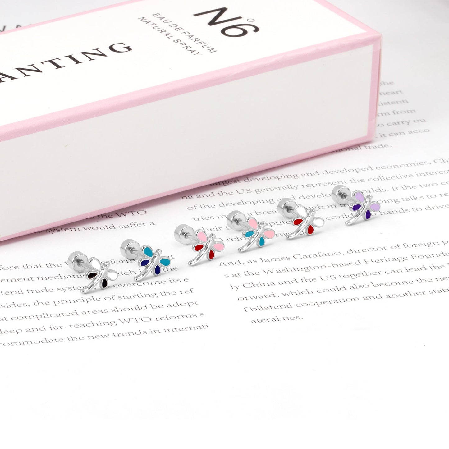 12 pairs 4mm round cake +8mm dragonfly mixed 6 colors earrings steel/golden