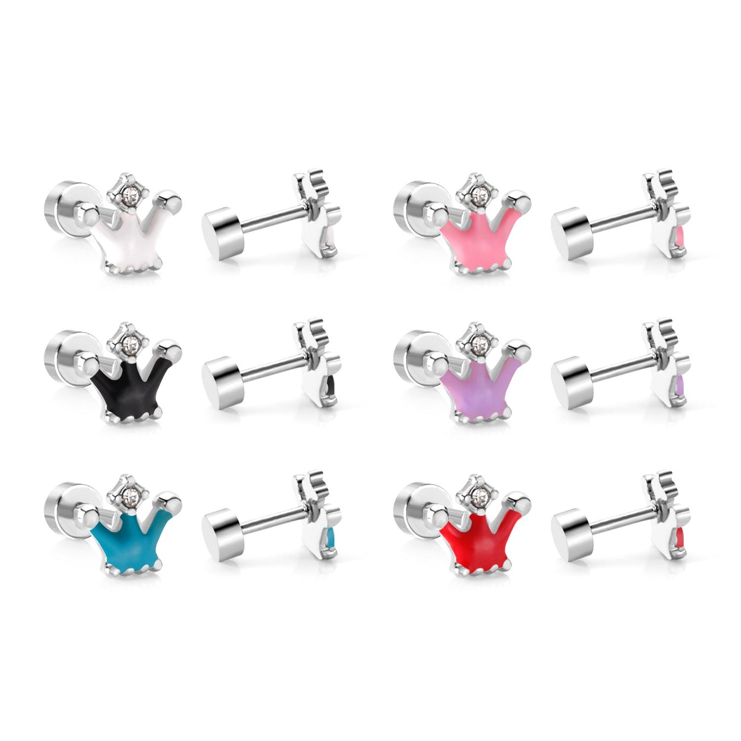 12 pairs 4mm round cake +8*7mm crown mix 6 colors studs steel/golden