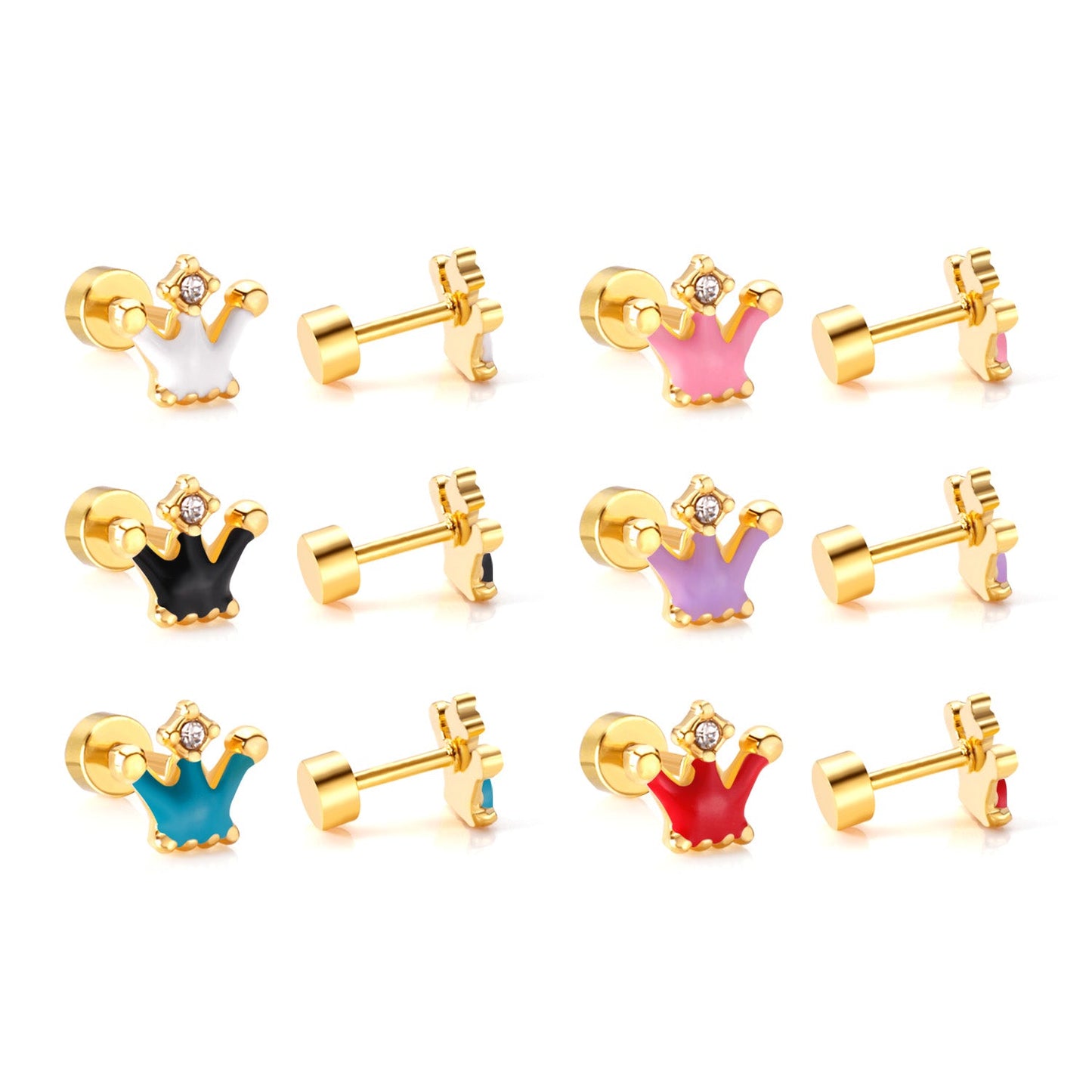 12 pairs 4mm round cake +8*7mm crown mix 6 colors studs steel/golden