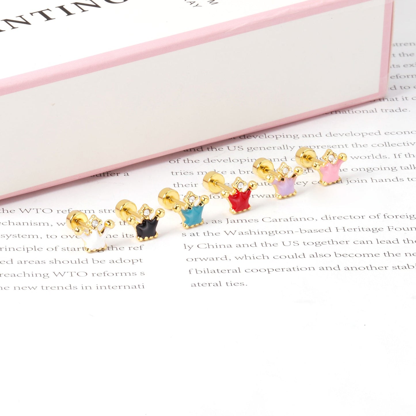 12 pairs 4mm round cake +8*7mm crown mix 6 colors studs steel/golden