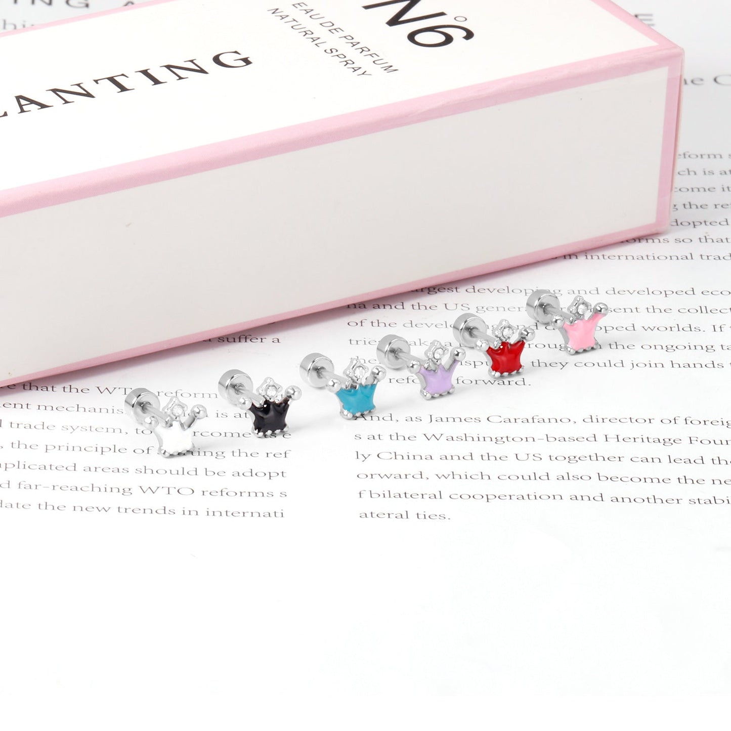 12 pairs 4mm round cake +8*7mm crown mix 6 colors studs steel/golden