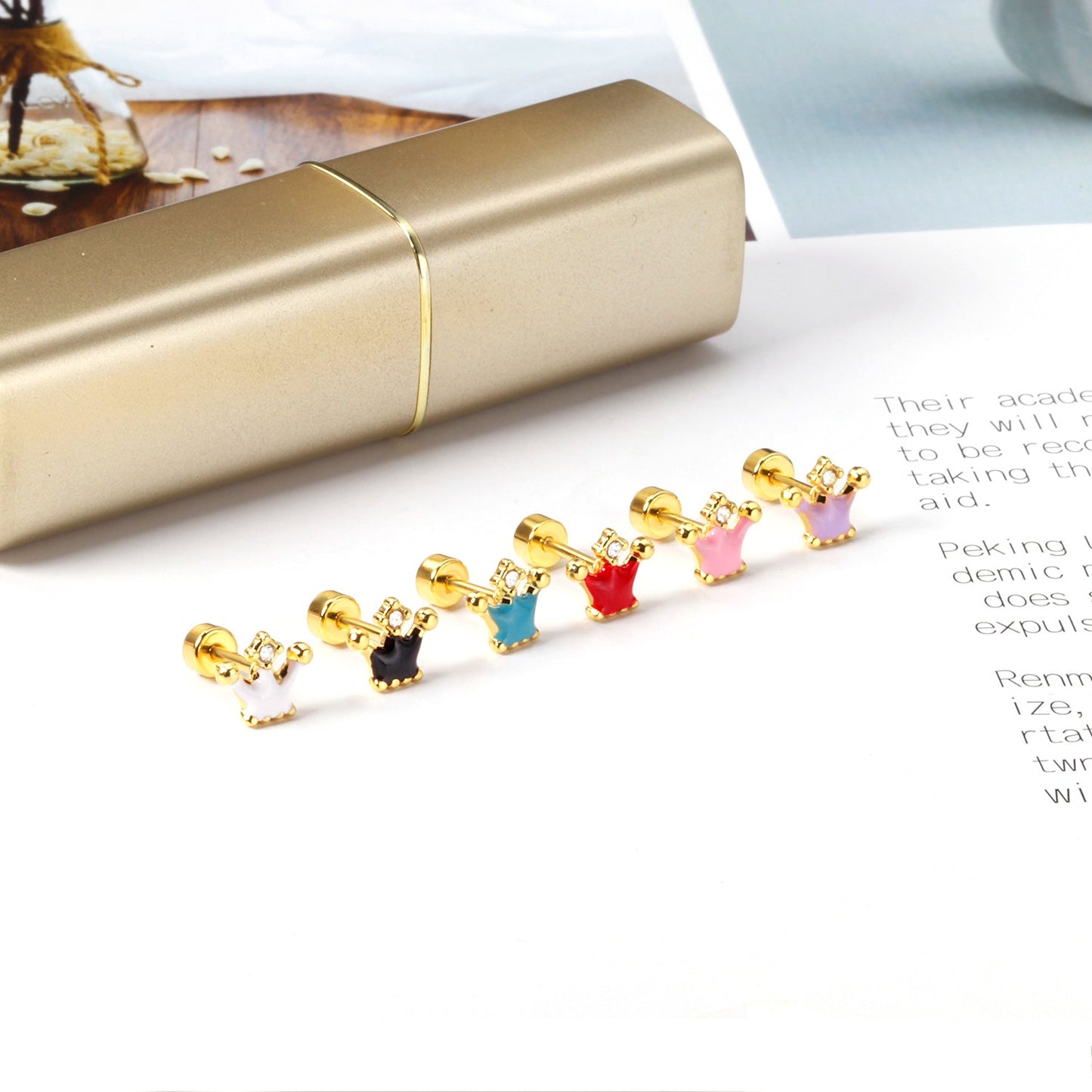 12 pairs 4mm round cake +8*7mm crown mix 6 colors studs steel/golden