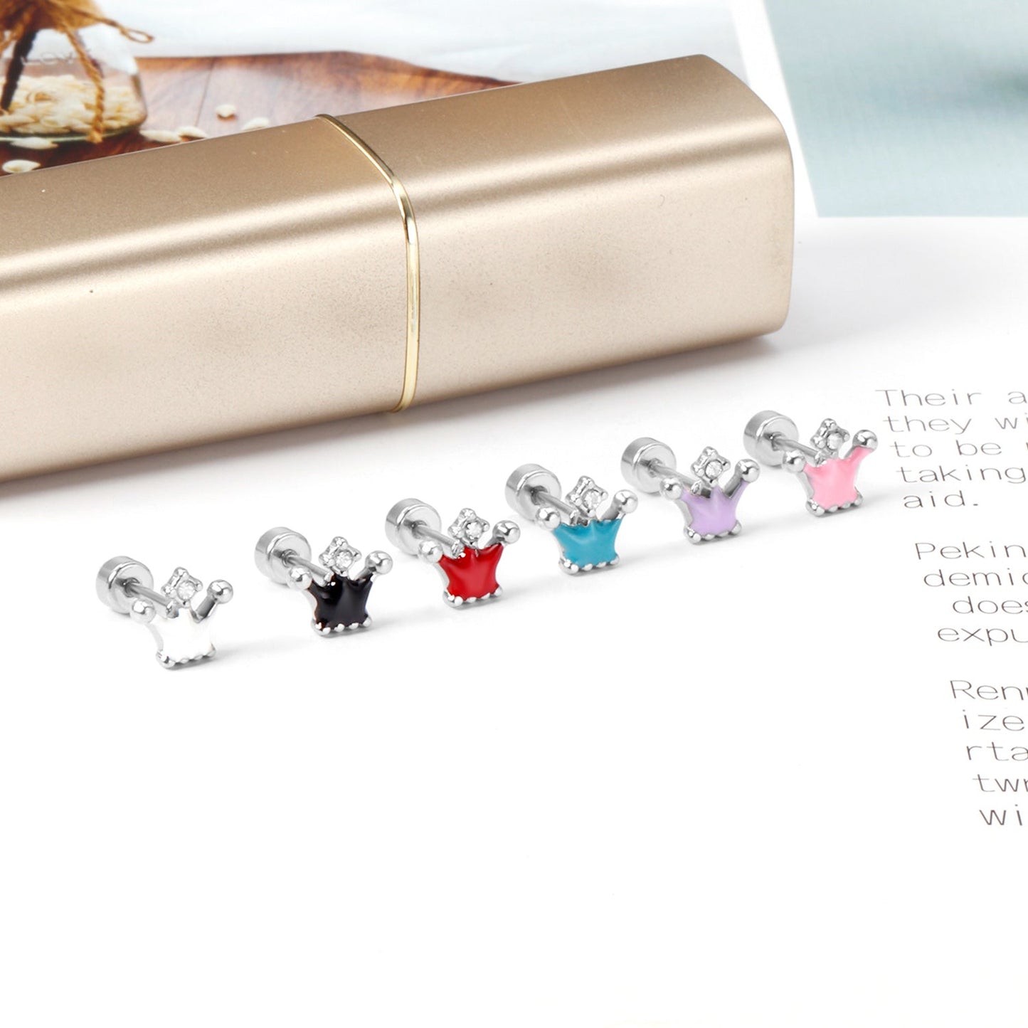 12 pairs 4mm round cake +8*7mm crown mix 6 colors studs steel/golden