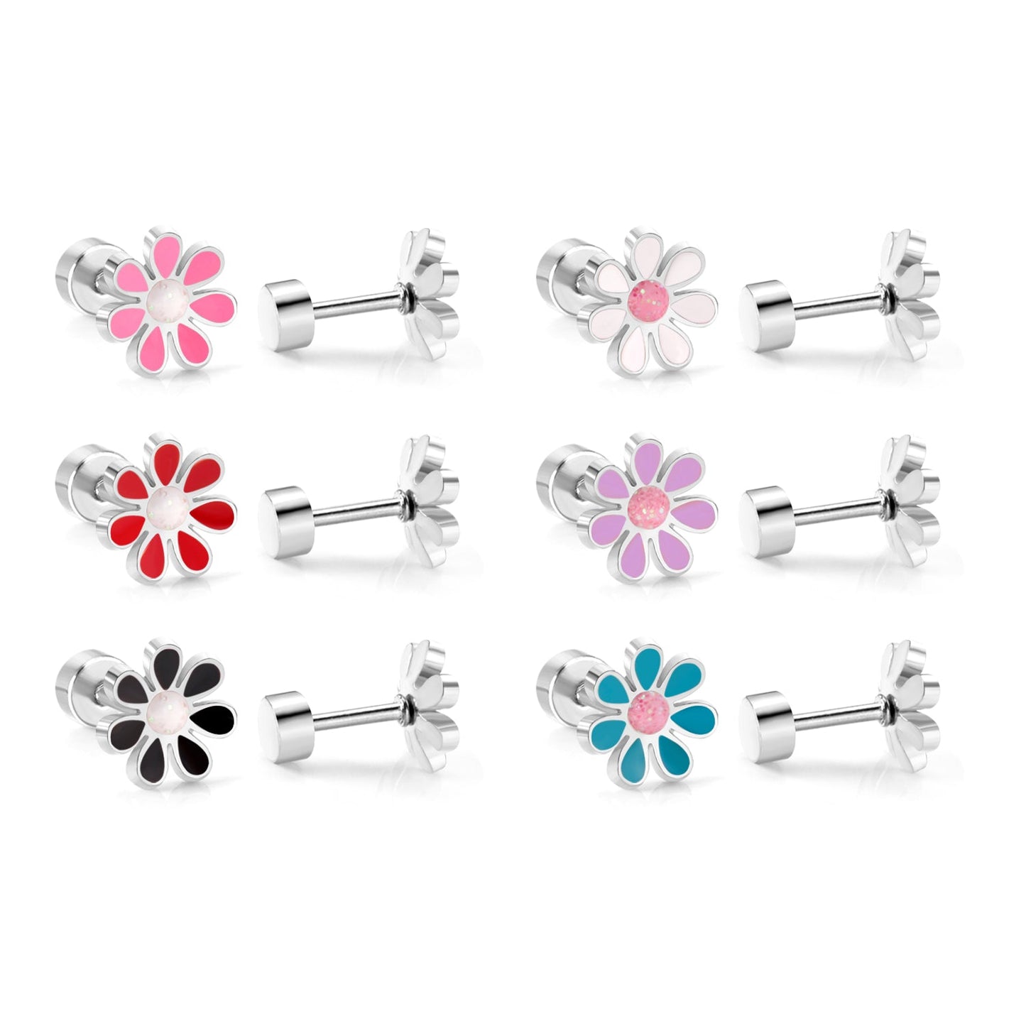 12 pairs of 4mm round cake + 8mm chrysanthemum mix 6 colors set of earrings steel / gold