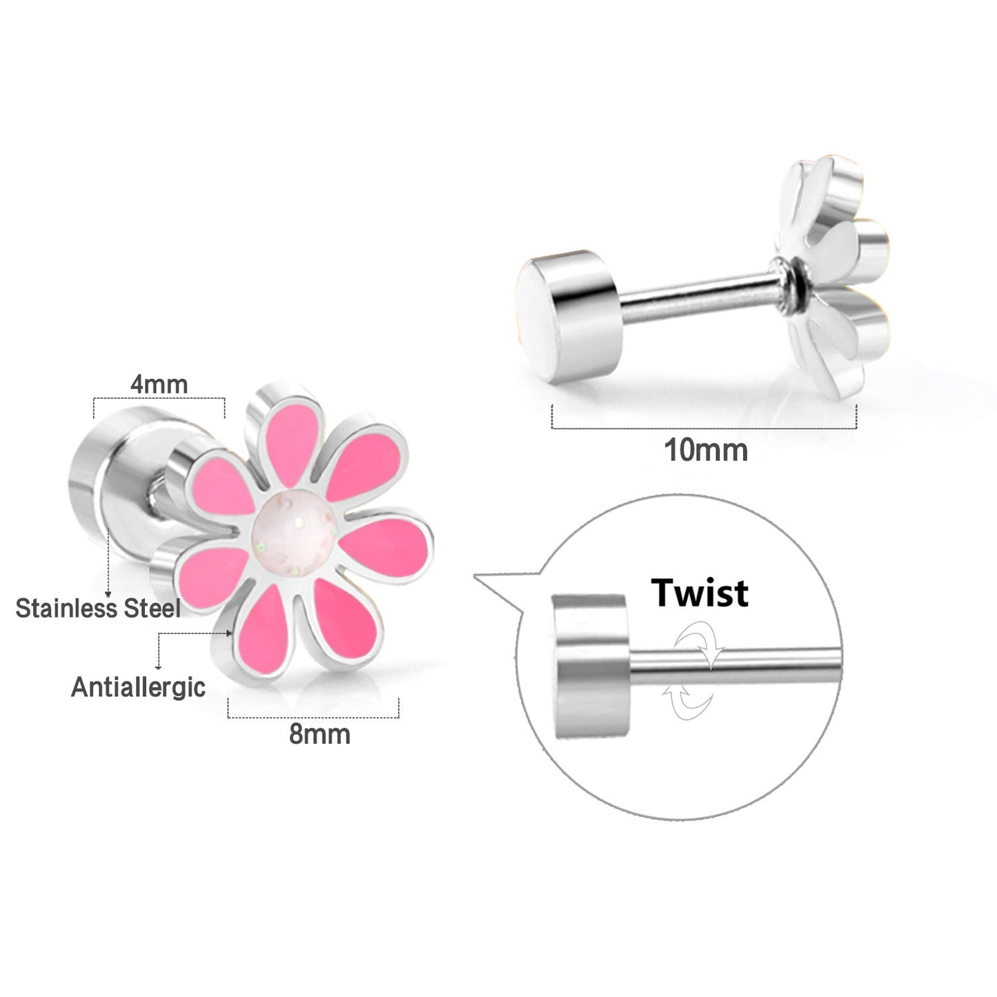 12 pairs of 4mm round cake + 8mm chrysanthemum mix 6 colors set of earrings steel / gold