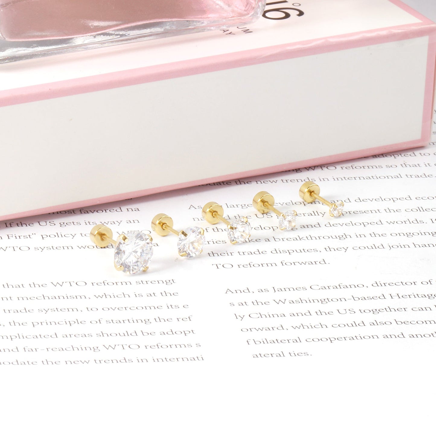 12 pairs 3mm/4mm/5mm/6mm/8mm steel/gold 4-grip round white diamond screw plugs