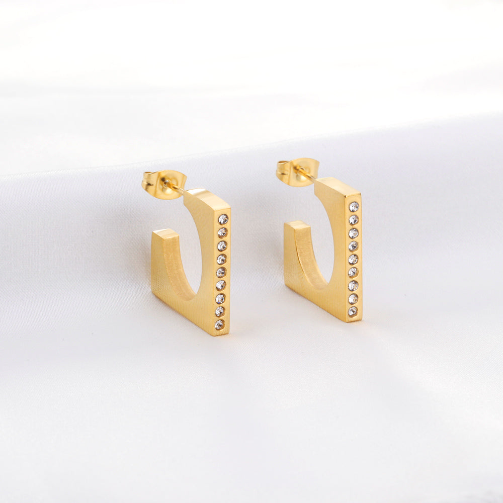 Stainless Steel C-shaped with Diamonds Hoop Earrings