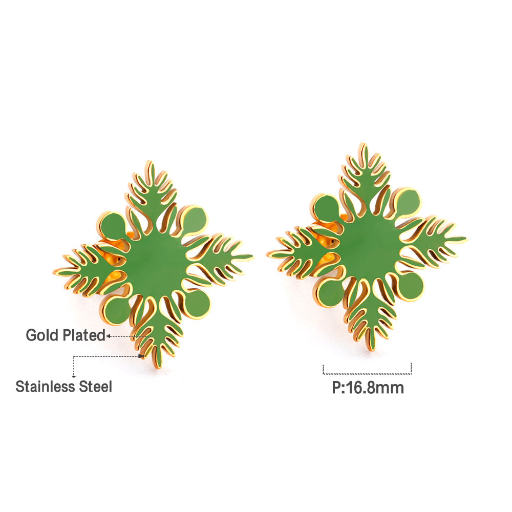 Stainless Steel Green Snowflake Stud Earrings