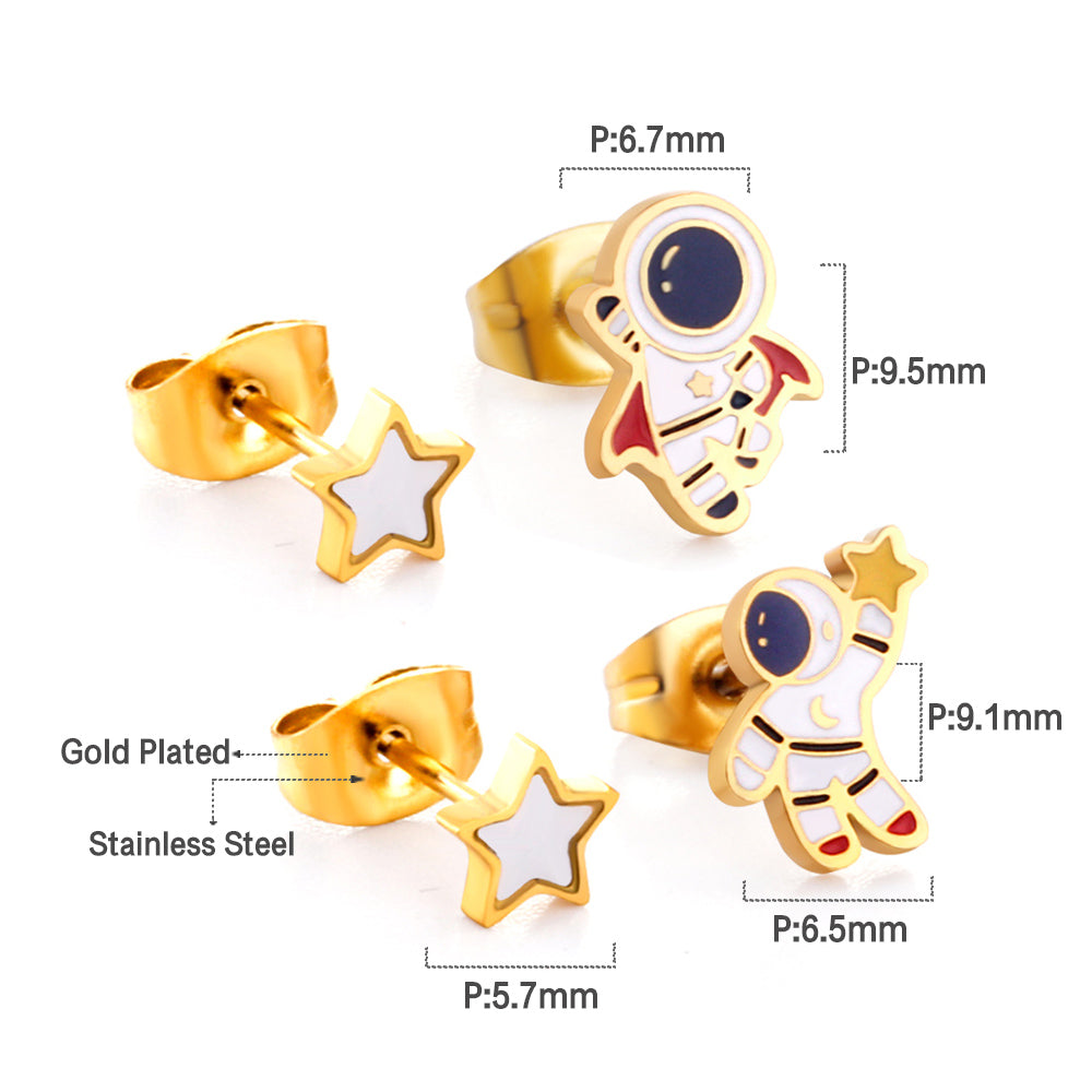 Stainless Steel Spaceman and Pentagram Stud Earrings