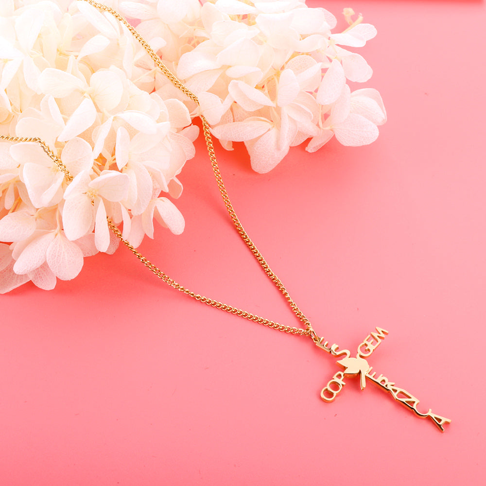 Alphabet Combination Cross Pendant With Only Bird Necklace 45+5cm Gold