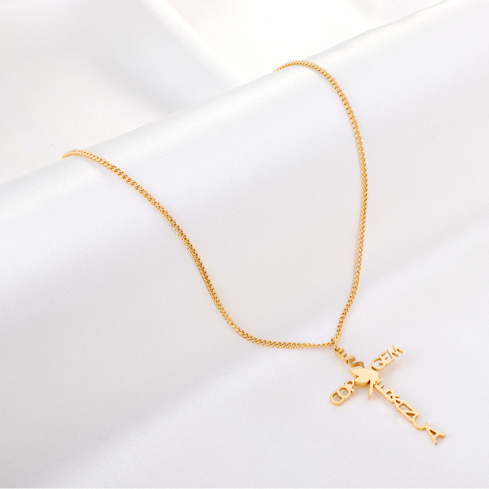 Alphabet Combination Cross Pendant With Only Bird Necklace 45+5cm Gold