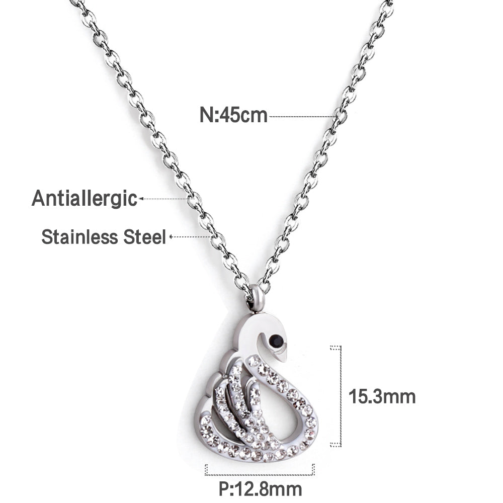 Swan with white & mixed color diamonds pendant necklace 45+5cm steel color