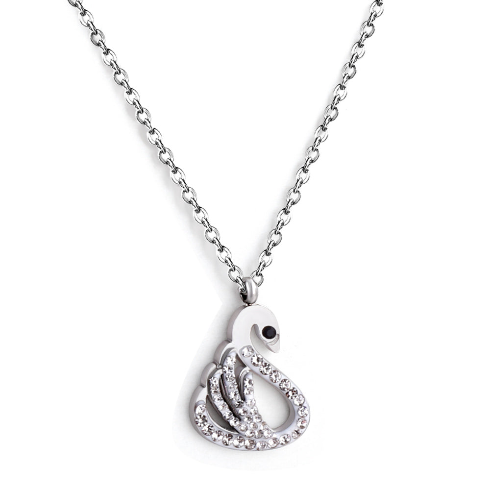 Swan with white & mixed color diamonds pendant necklace 45+5cm steel color