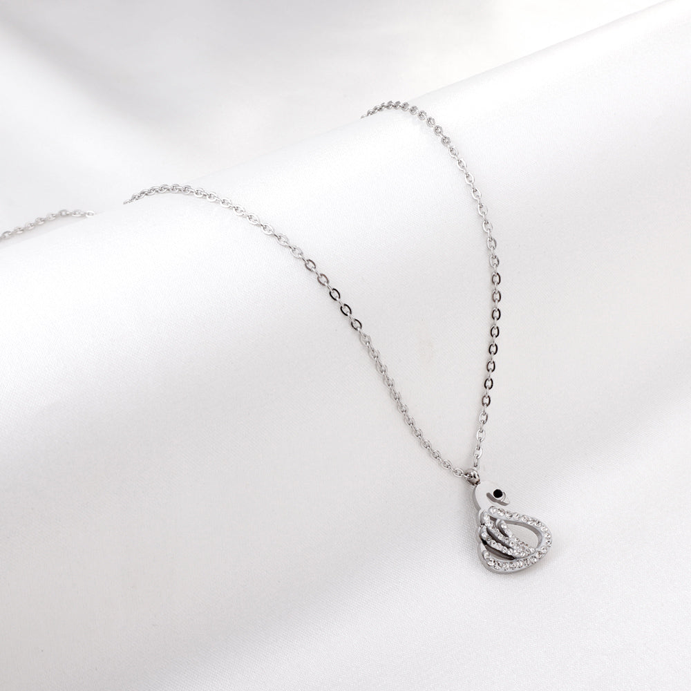 Swan with white & mixed color diamonds pendant necklace 45+5cm steel color