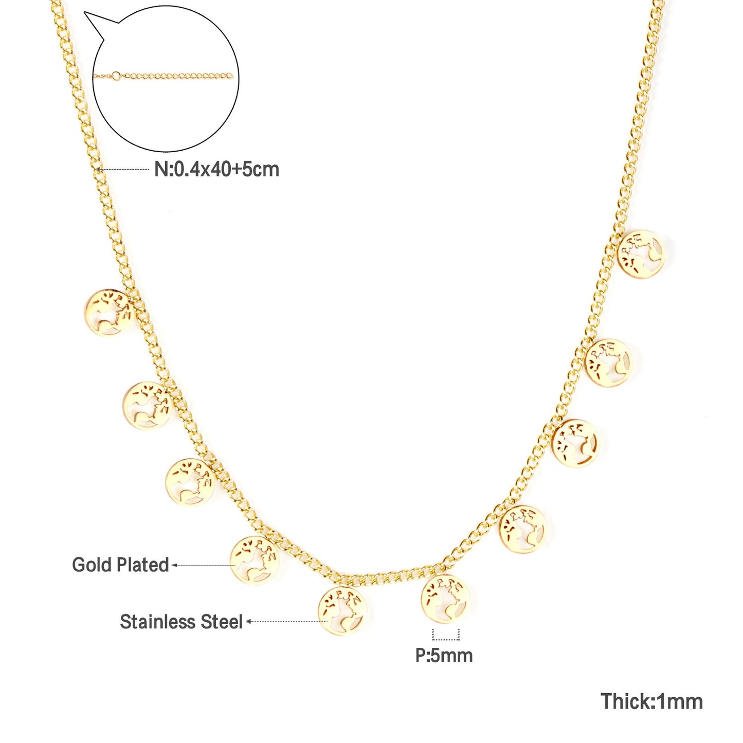 0.4 Side chain 40+5cm Necklace with 10 5mm round trees in polished finish