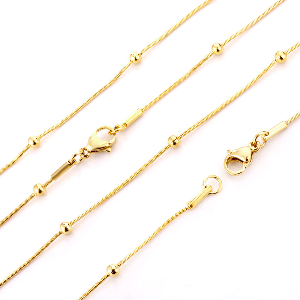 ASON 10pcs/bulk long necklace collar 0.9mm*45cm round snake with 3.0mm beads with chain Steel Color & Gold Color Stainless Steel Necklace Wholesale