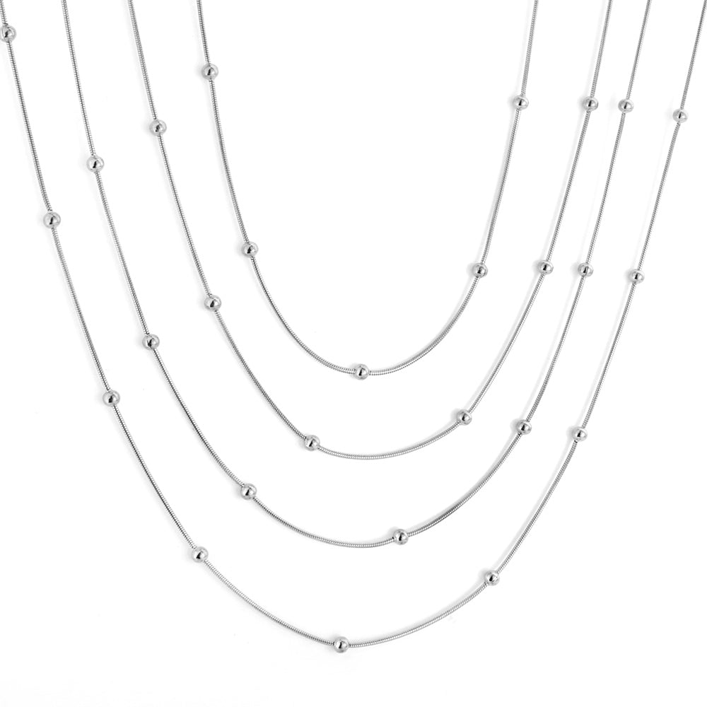 ASON 10pcs/bulk long necklace collar 0.9mm*45cm round snake with 3.0mm beads with chain Steel Color & Gold Color Stainless Steel Necklace Wholesale