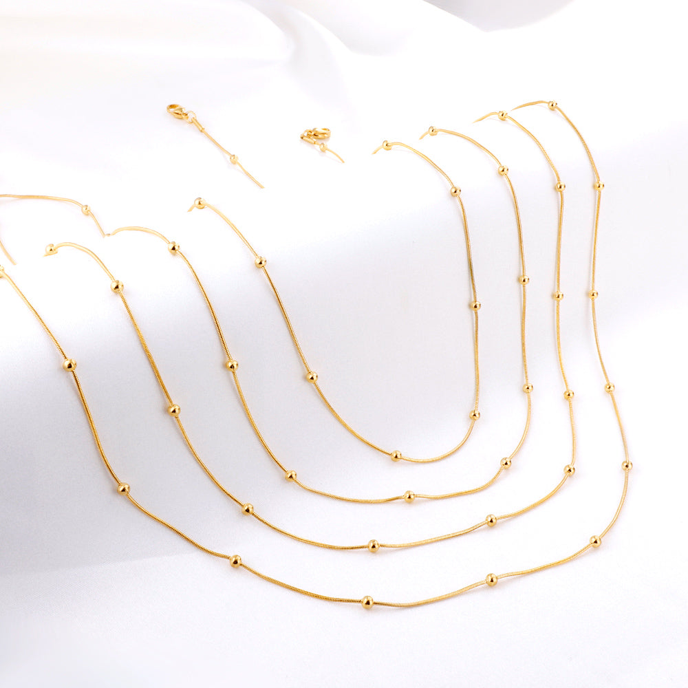 ASON 10pcs/bulk long necklace collar 0.9mm*45cm round snake with 3.0mm beads with chain Steel Color & Gold Color Stainless Steel Necklace Wholesale