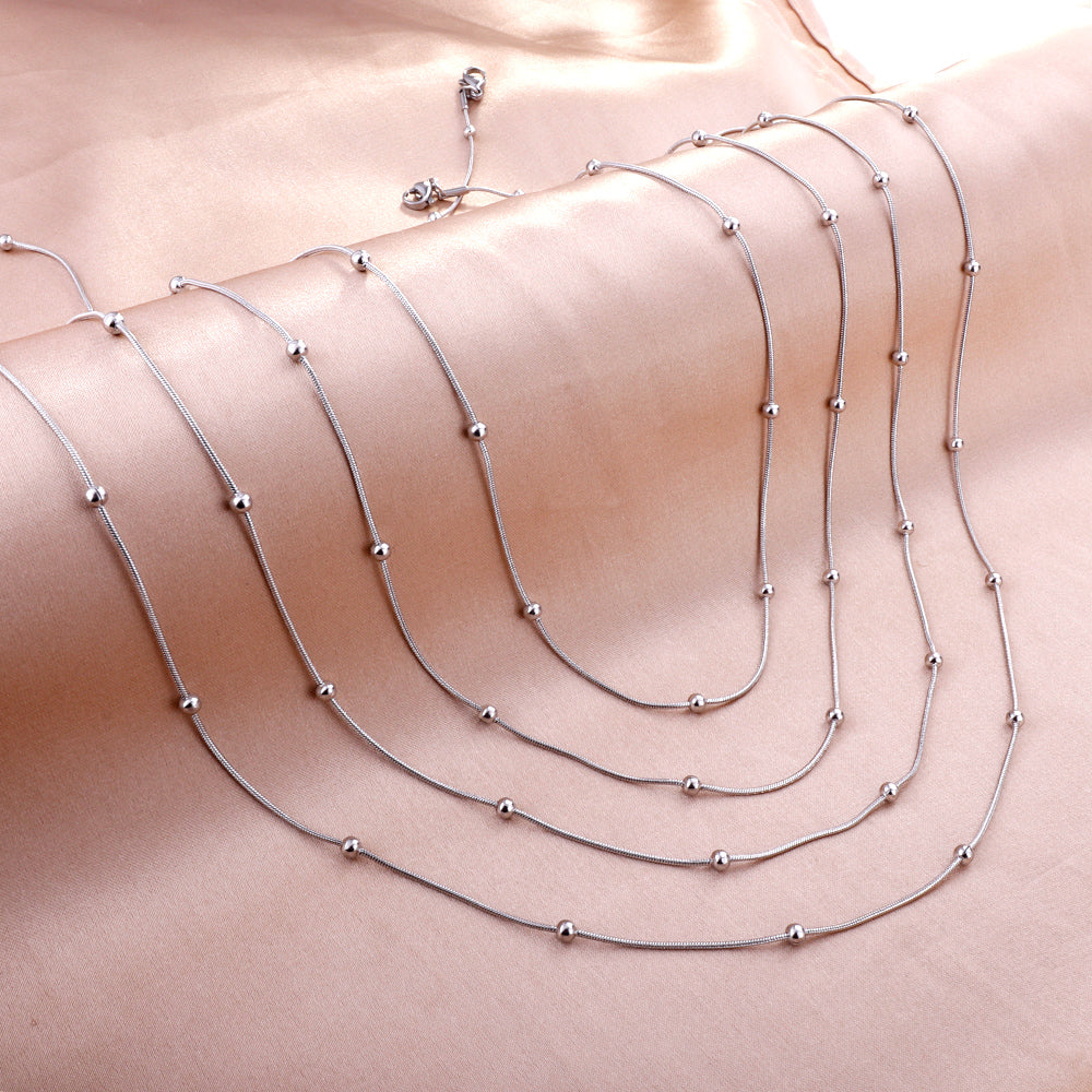ASON 10pcs/bulk long necklace collar 0.9mm*45cm round snake with 3.0mm beads with chain Steel Color & Gold Color Stainless Steel Necklace Wholesale