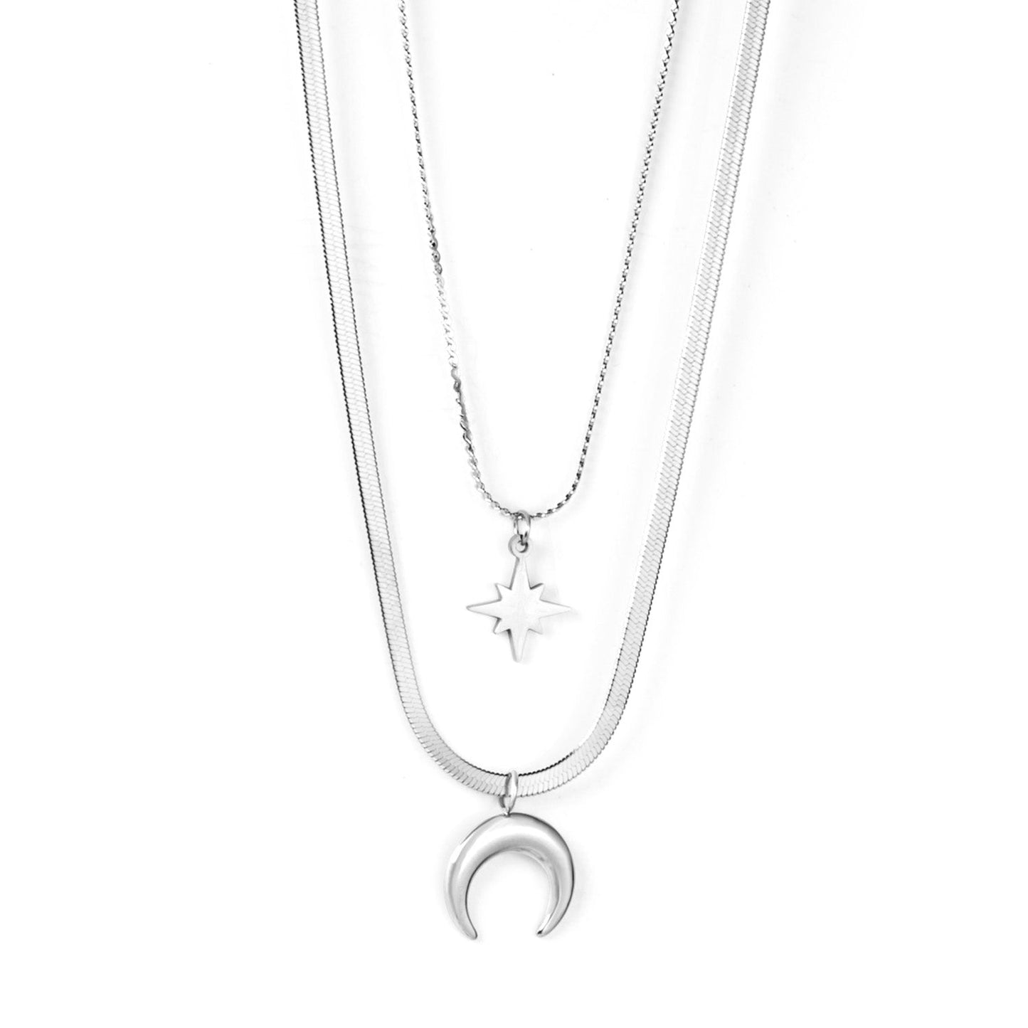 15.5x19mm Moon + 12x14mm Star Pendant Double Necklace 45+5cm