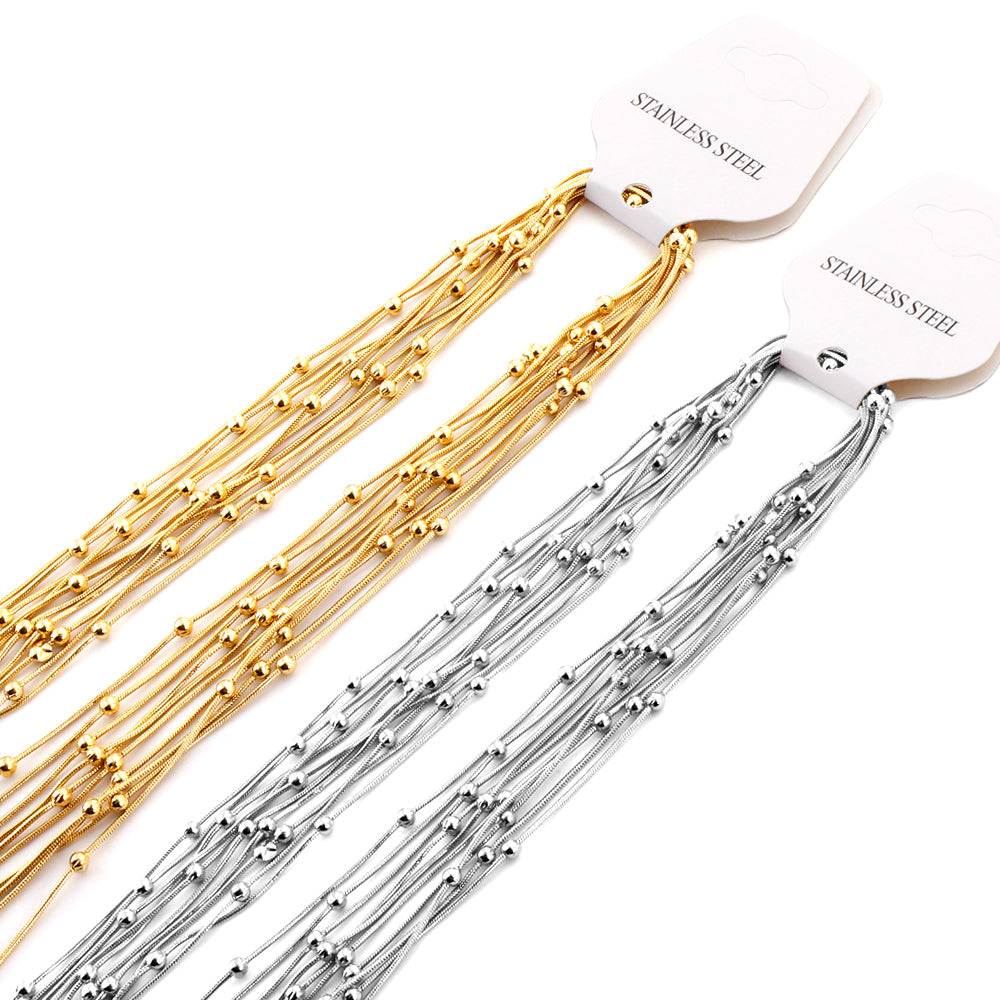 ASON 10pcs/bulk long necklace collar 0.9mm*45cm round snake with 3.0mm beads with chain Steel Color & Gold Color Stainless Steel Necklace Wholesale