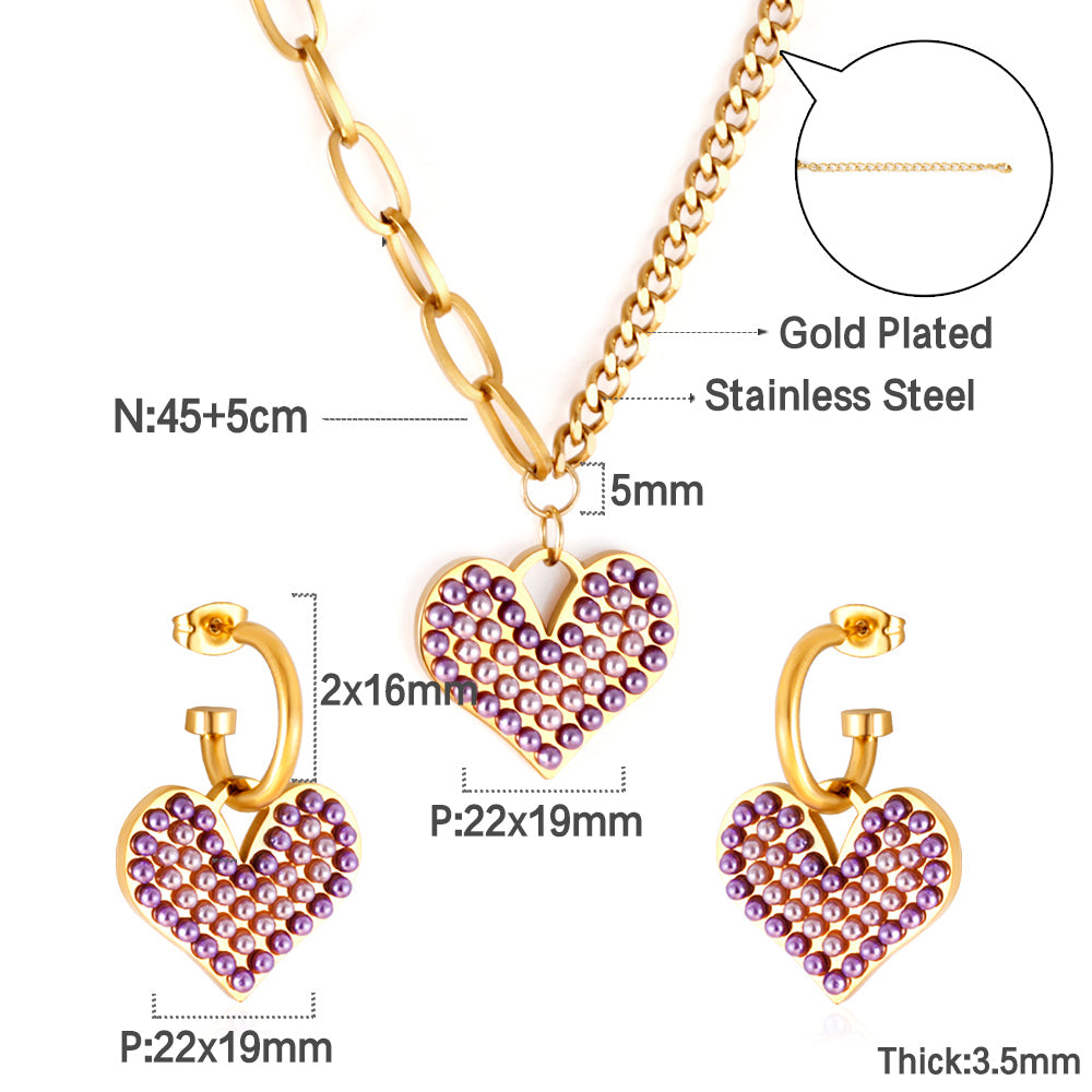 Purple Mix White Pearl Heart-shaped Enamel Girls Kids Jewelry Set
