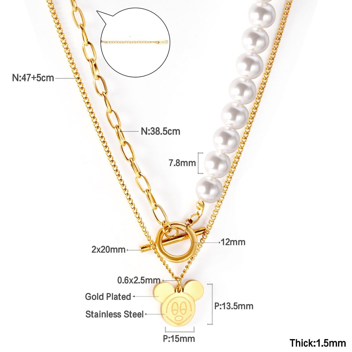 Pearl + Mickey pendant double necklace 47+38+5cm gold color