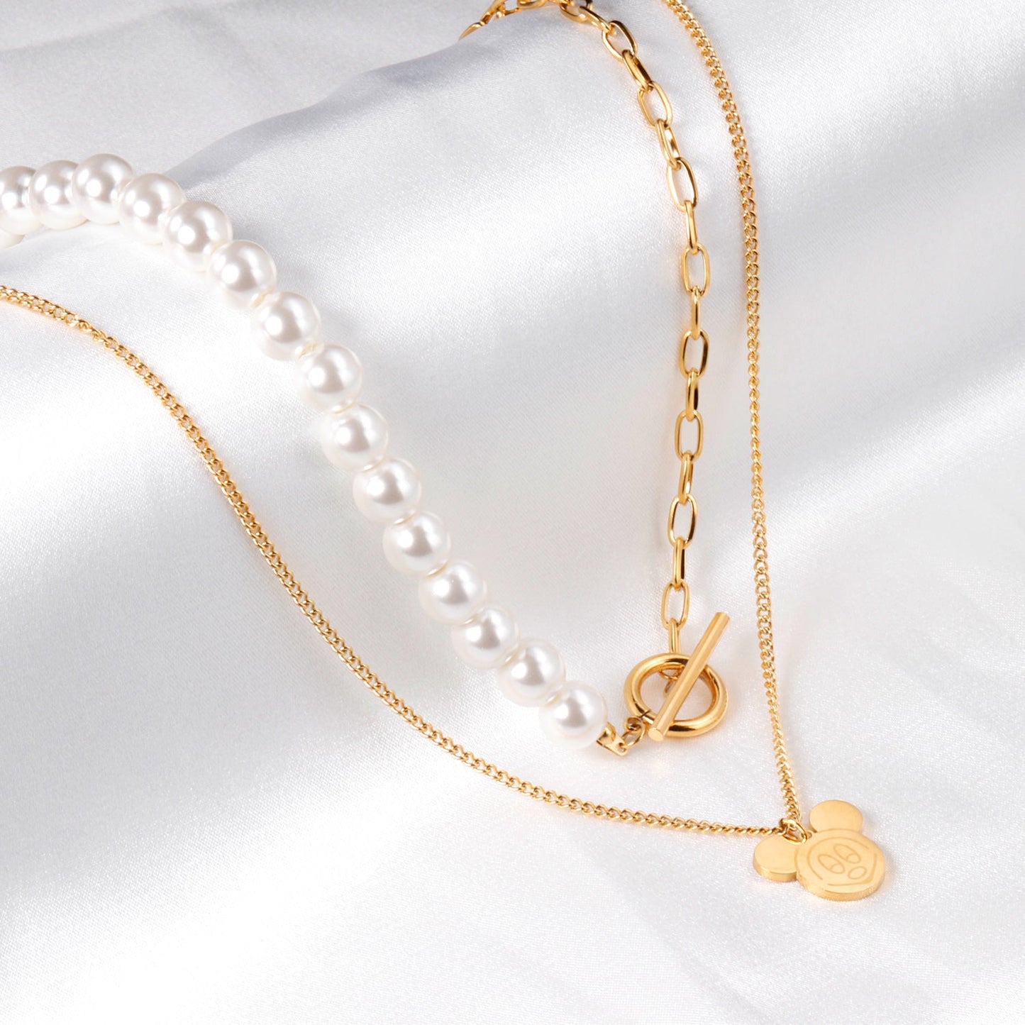 Pearl + Mickey pendant double necklace 47+38+5cm gold color