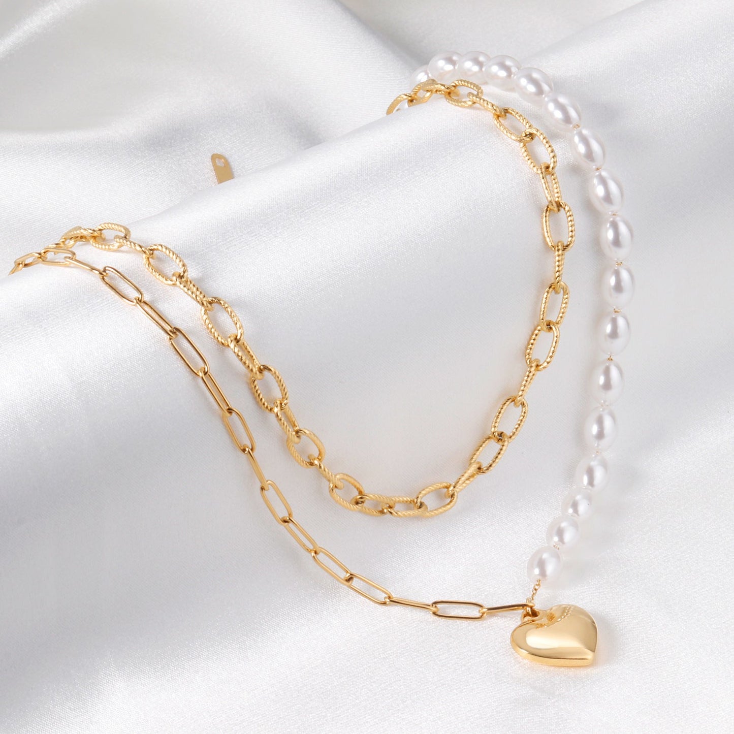 Pearl + heart pendant double chain 45+40+5cm gold color