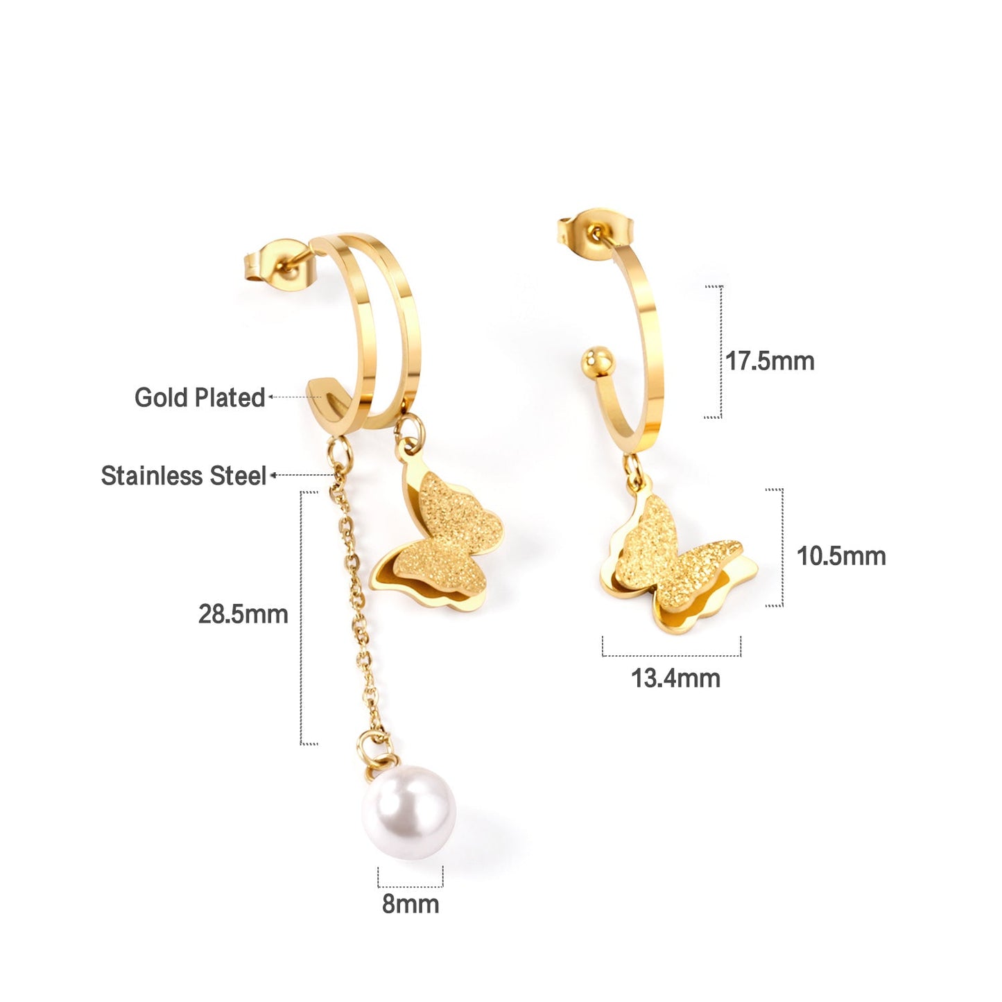 Semi-circle earrings + butterfly + pearl studs