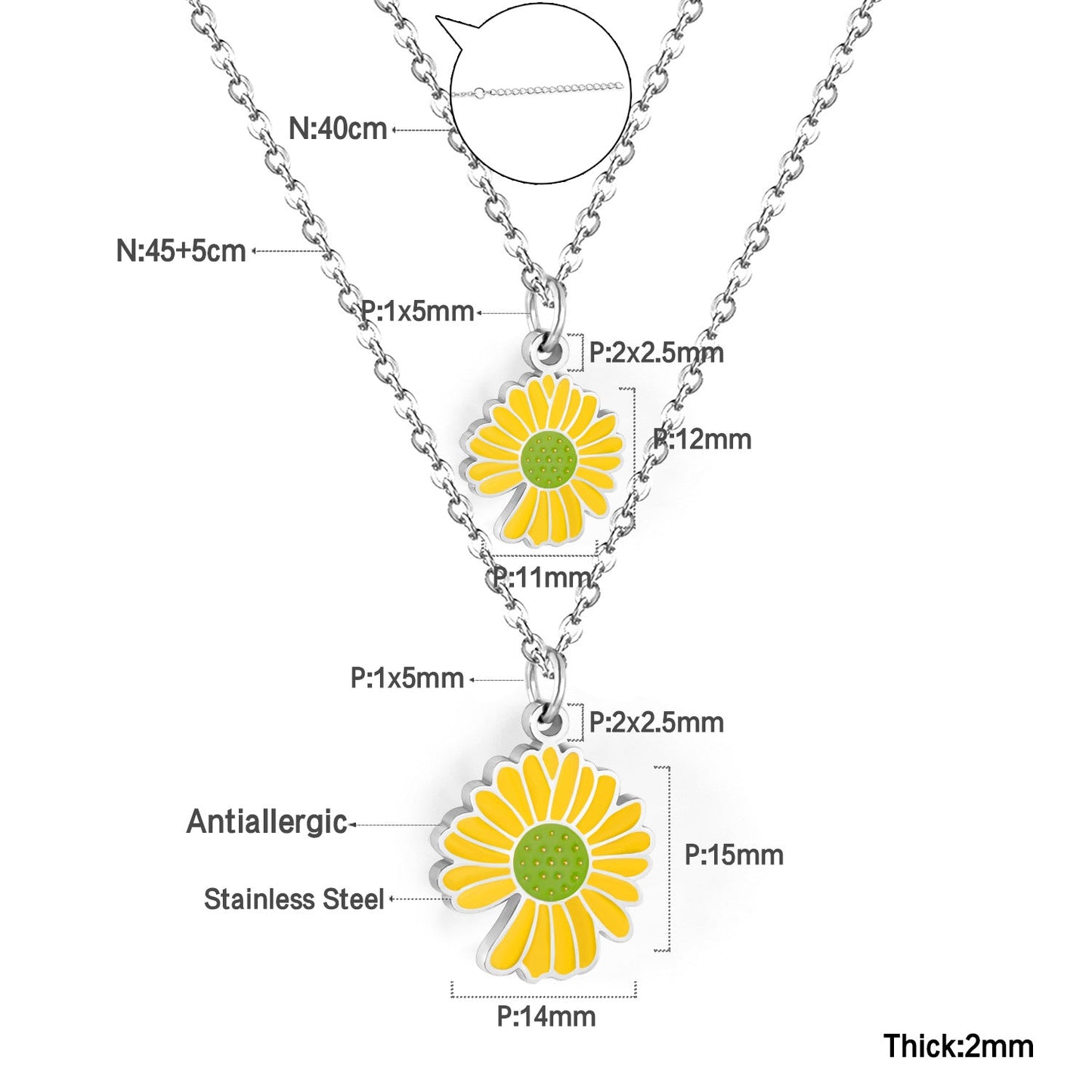 11x12mm+14x15mm Chrysanthemum Yellow & Mixed Color Pendant Double Necklace 45+5cm
