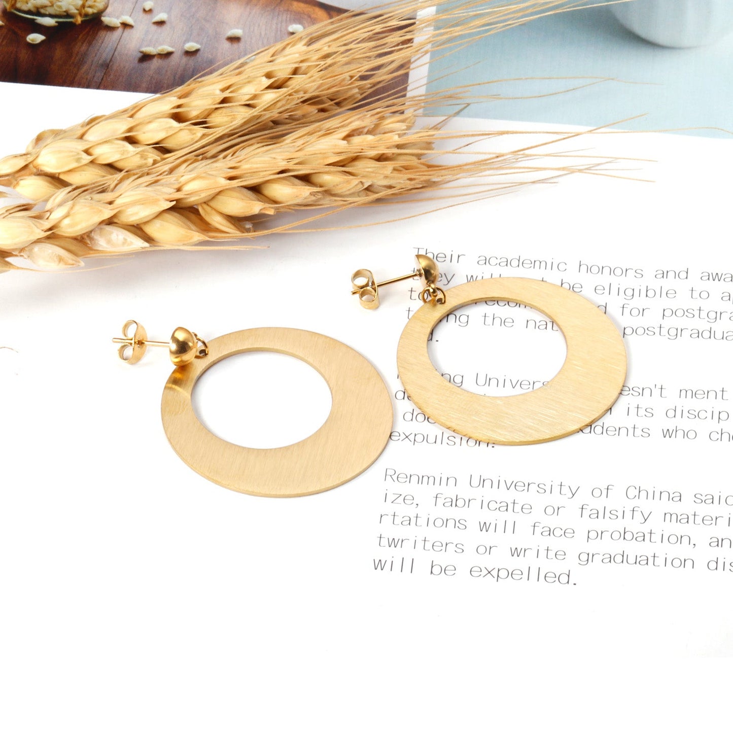 6mm Halved Steel Beads 35mm Smooth & Brushed Round Earrings Gold Color