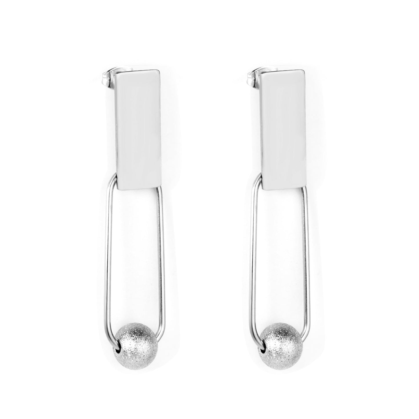 8x20mm Rectangle + 8mm Brushed Steel Bead Glossy Earrings