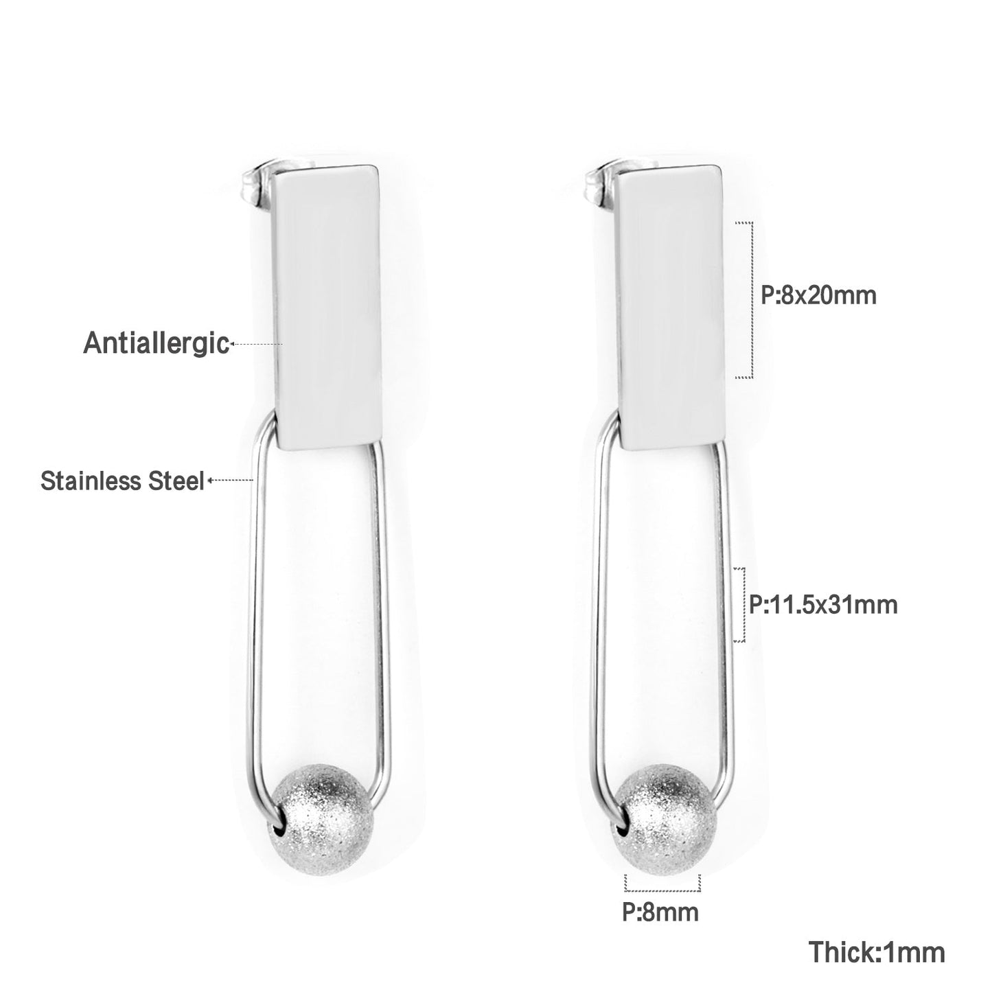8x20mm Rectangle + 8mm Brushed Steel Bead Glossy Earrings