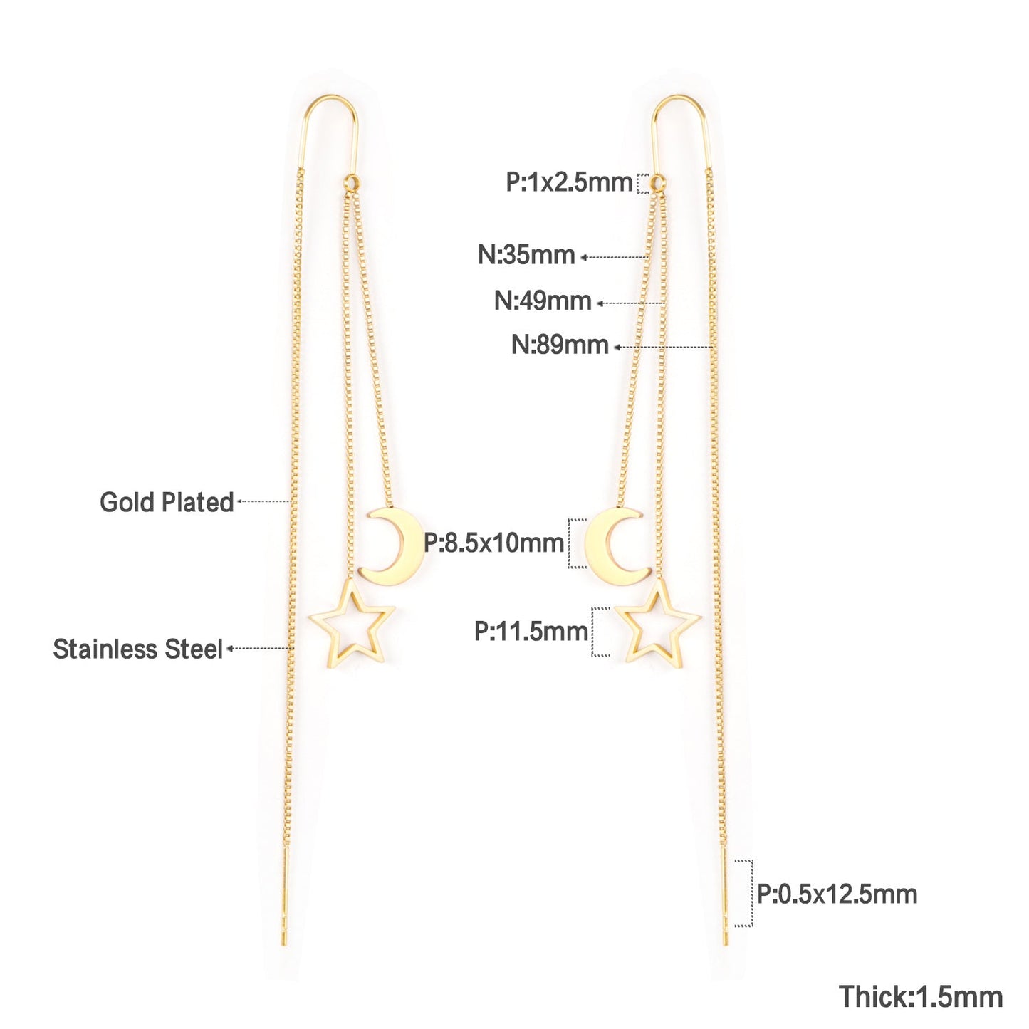 8.5x10mm Moon + 11.5mm Star Earrings