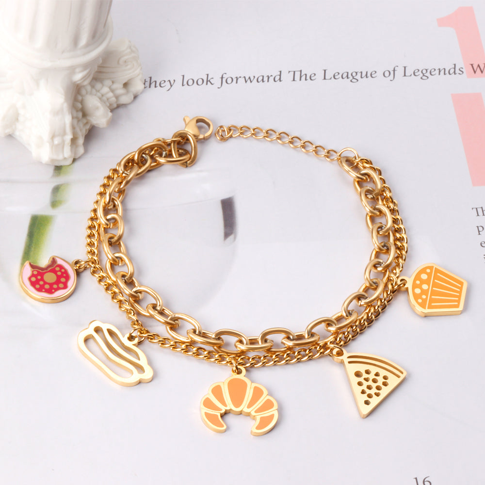 Mixed color mixed accessories double chain bracelet 17+3cm gold