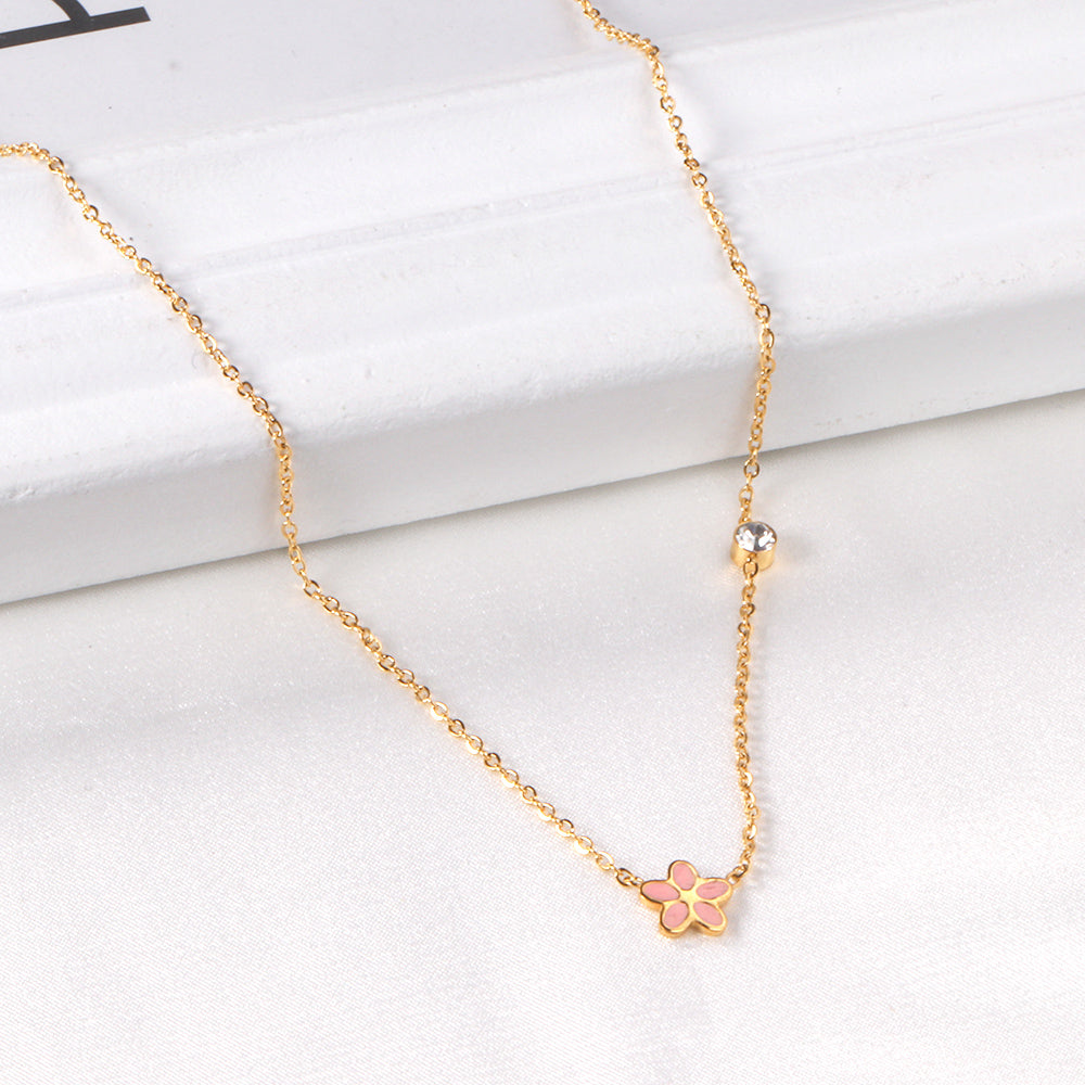 Black & Red & Pink & Blue & Purple Five Piece Flower Pendant Necklace with Diamonds 45+5cm