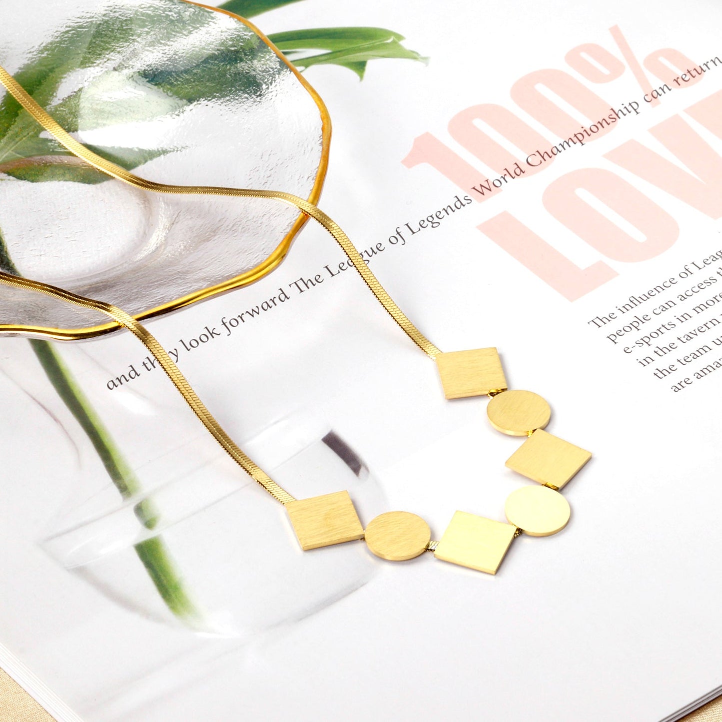11mm square + 11mm round brushed pendant necklace 45+5cm gold color