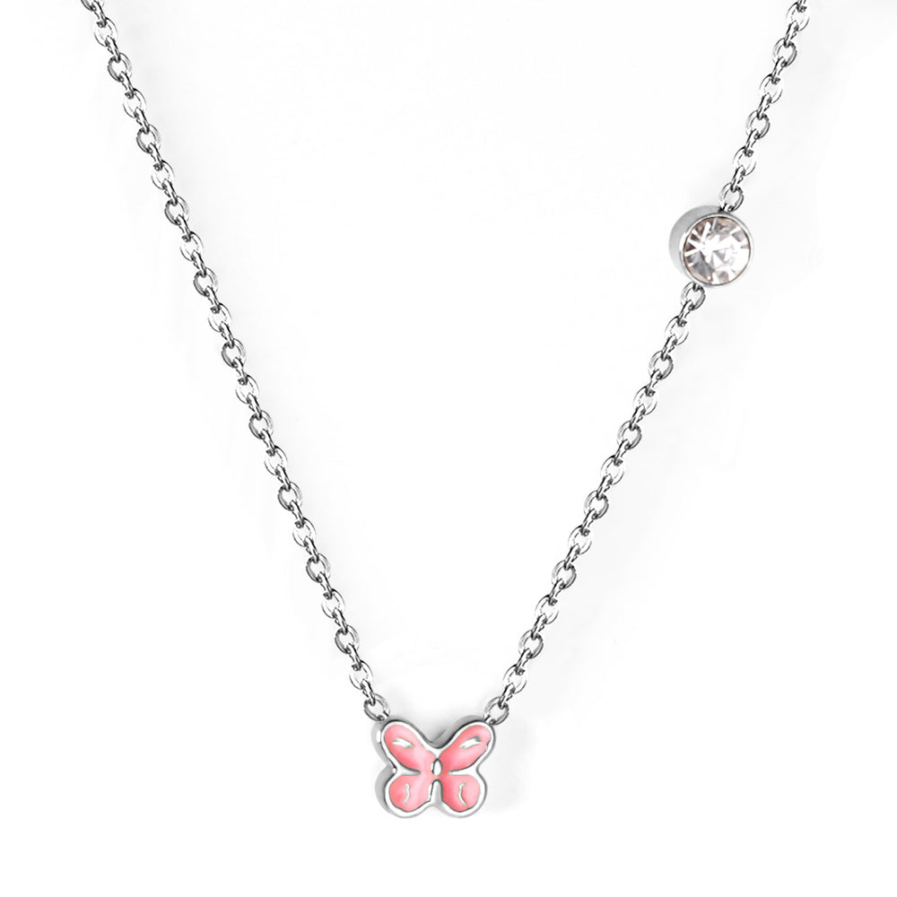 Pink & Blue Butterfly Pendant Necklace with Diamonds 45+5cm