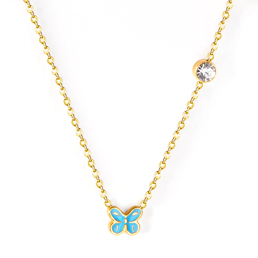 Pink & Blue Butterfly Pendant Necklace with Diamonds 45+5cm