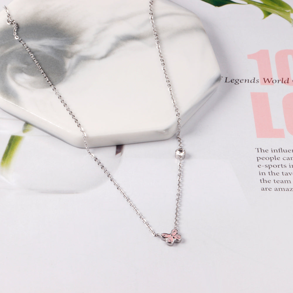 Pink & Blue Butterfly Pendant Necklace with Diamonds 45+5cm