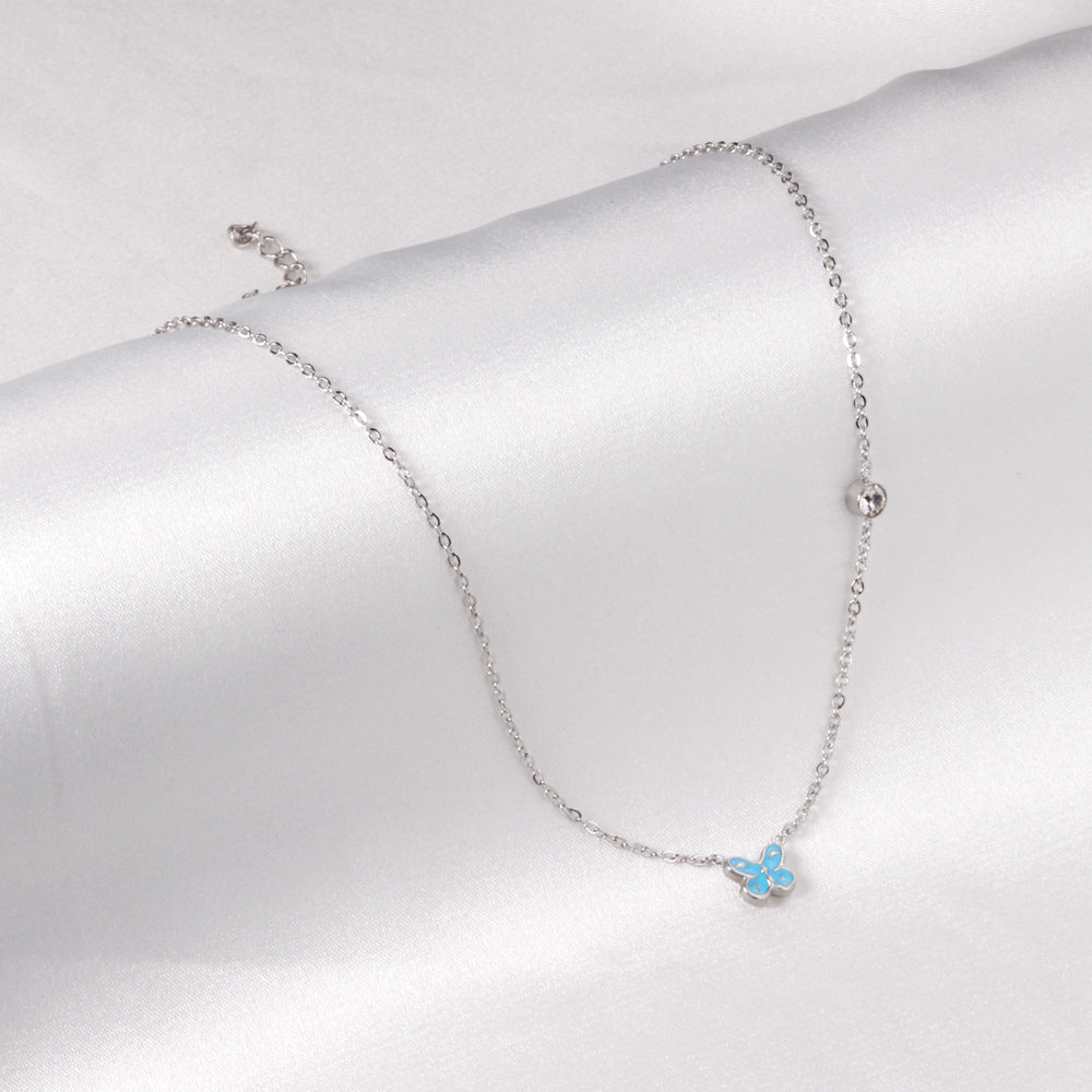 Pink & Blue Butterfly Pendant Necklace with Diamonds 45+5cm