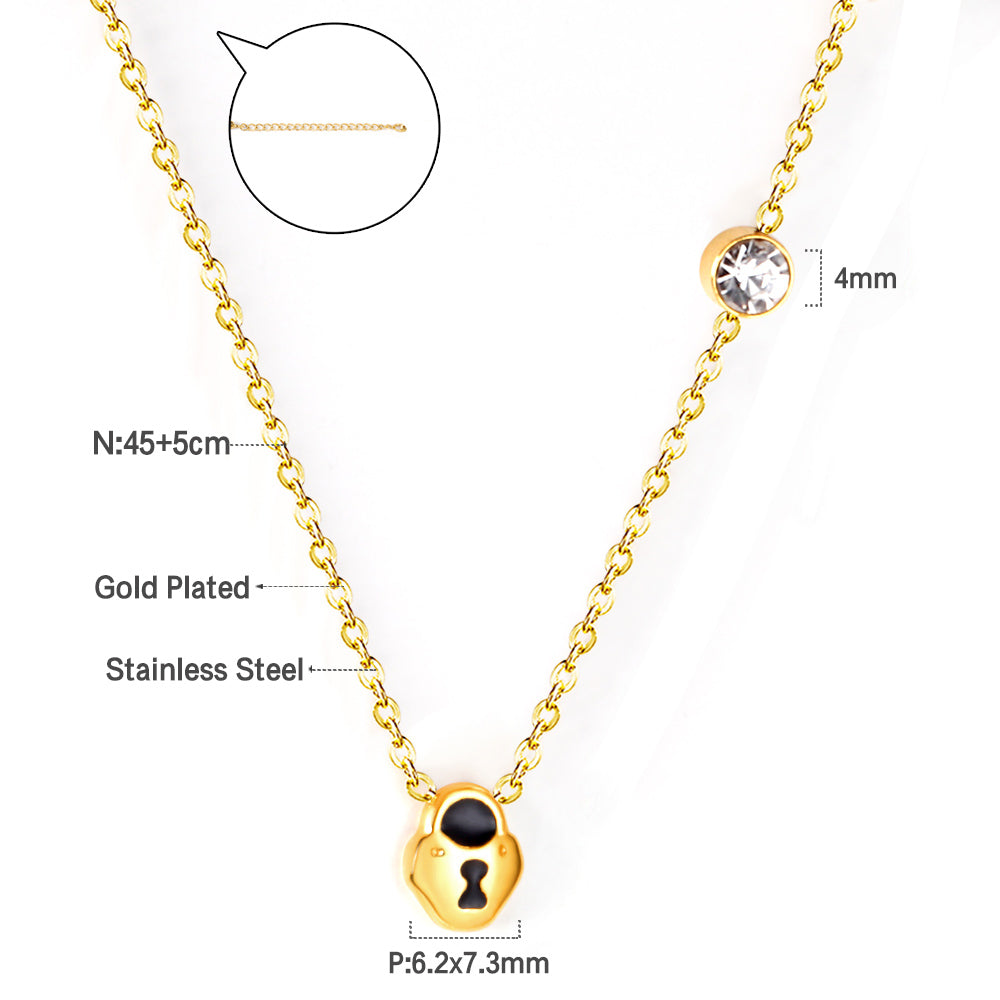 Black & Red Lock Pendant with Diamond Necklace 45+5cm