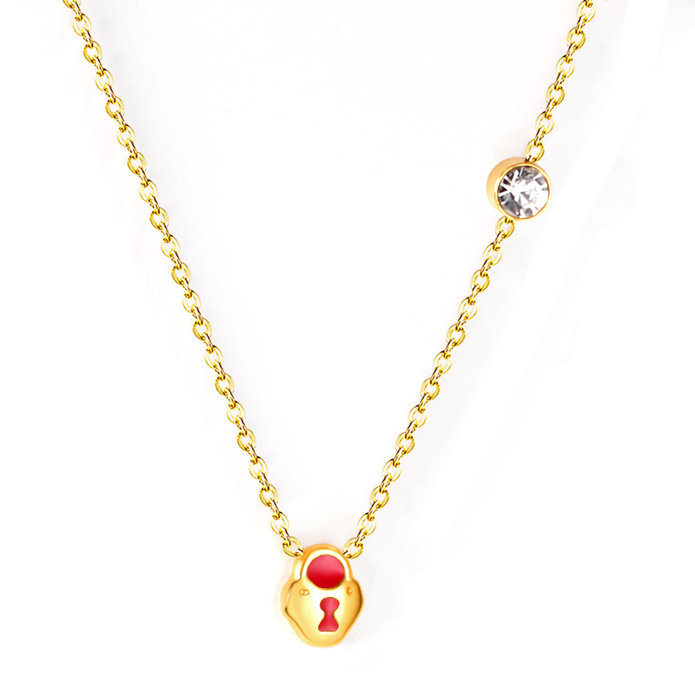 Black & Red Lock Pendant with Diamond Necklace 45+5cm