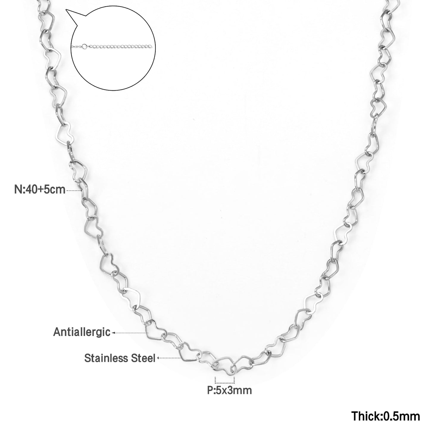 5*3mm Heart Circle Necklace 40+5cm