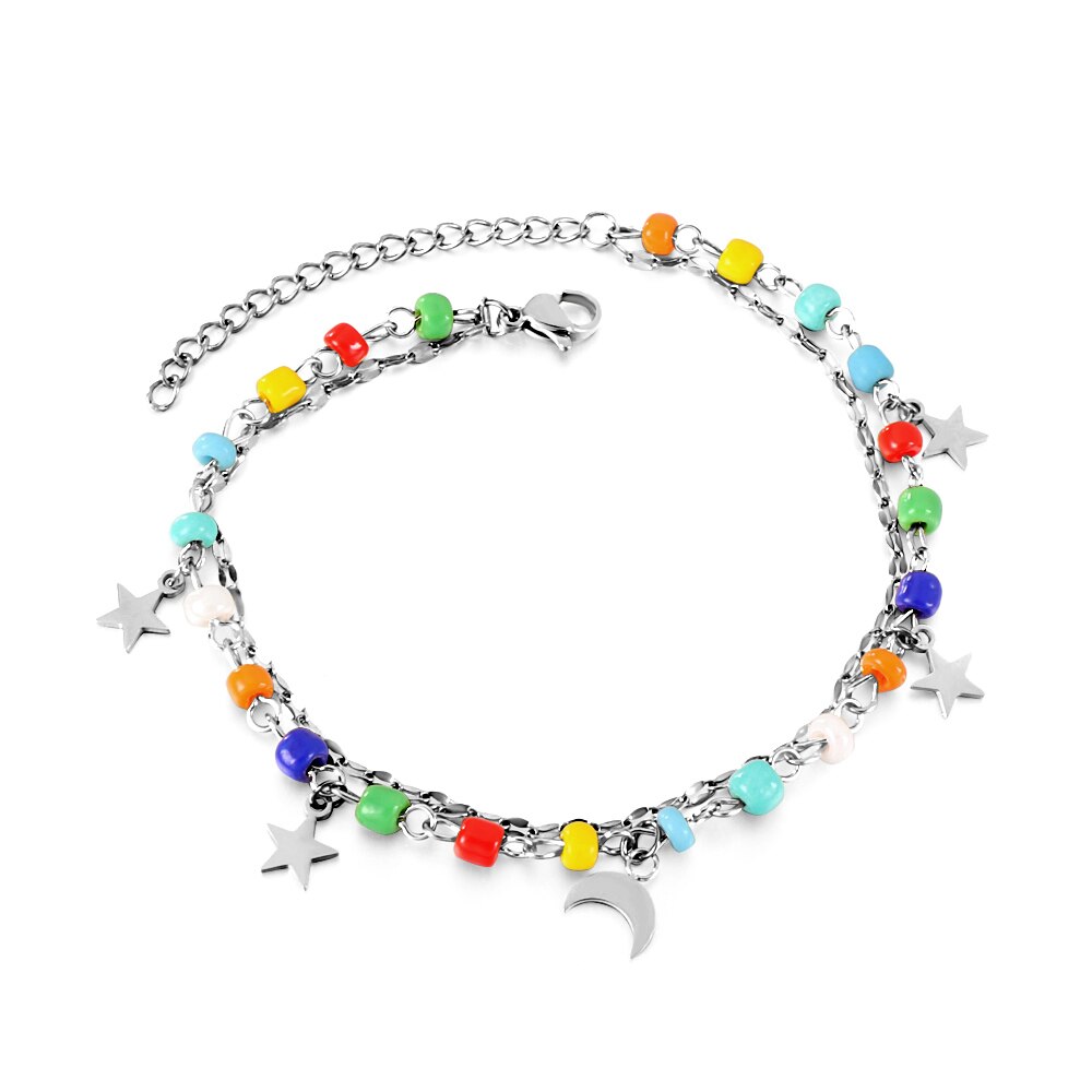 ASON Trendy Mixed Color Beads Moon And Star Accessories Multi-layer Chains Anklet Gold Color Stainless Steel For Women Gift